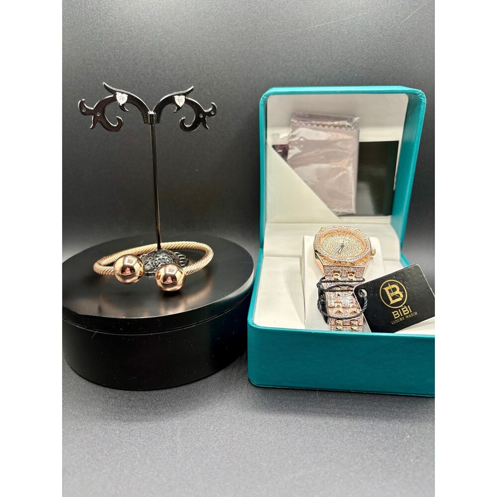 Stunning Rose Gold Iced-Out Watch, Earrings, Bracelet Bundle - Picture 2 of 10